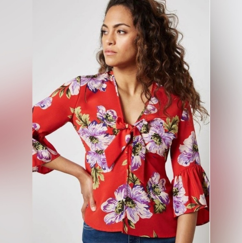 Topshop Red Purple Floral Ruffle 1/2 Sleeve Tie Front Bow Peplum Top Blouse 8